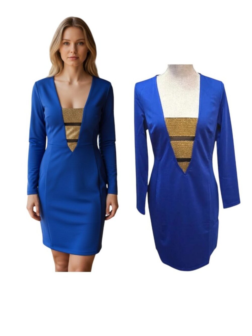 Meaneor Women's Blue Gold Long Sleeve Bodycon Dress Large NWT